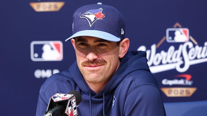 Oct 28, 2025; Los Angeles, California, USA; Toronto Blue Jays pitcher Shane Bieber (57) speaks at the postgame press conference after the game against the Los Angeles Dodgers during game four of the 2025 MLB World Series at Dodger Stadium. 