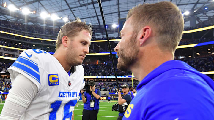 Detroit Lions quarterback Jared Goff (16) and Los Angeles Rams head coach Sean McVay greet each other 