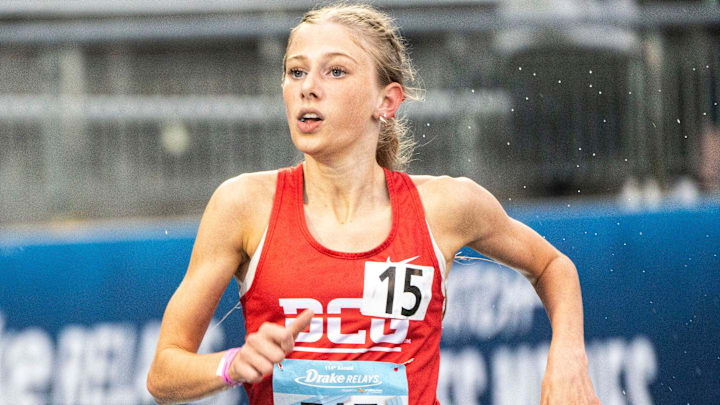 DCG's Piper Messerly runs the 1500 meter race during the Drake Relays at Drake Stadium on Saturday, April 27, 2024, in Des Moines. DCG's Piper Messerly runs the 1500 meter race during the Drake Relays at Drake Stadium on Saturday, April 27, 2024, in Des Moines.