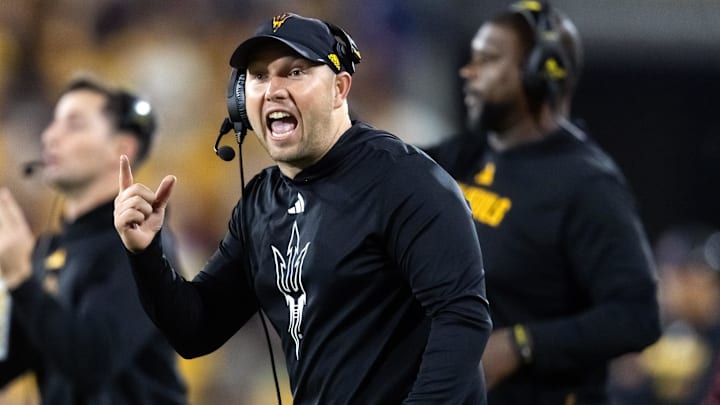 Nov 28, 2025; Tempe, Arizona, USA; Arizona State Sun Devils head coach Kenny Dillingham reacts against the Arizona Wildcats during the 99th Territorial Cup at Mountain America Stadium. Mandatory Credit: Mark J. Rebilas-Imagn Images