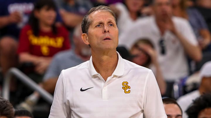 USC Trojans head coach Eric Musselman watches his team from the bench during the second half of their exhibition game at Acrisure Arena in Palm Desert, Calif., Saturday, Oct. 26, 2024. USC Trojans head coach Eric Musselman watches his team from the bench during the second half of their exhibition game at Acrisure Arena in Palm Desert, Calif., Saturday, Oct. 26, 2024.