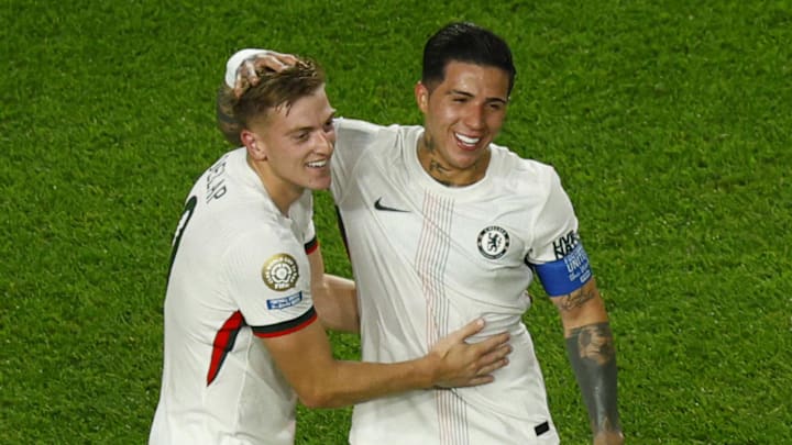 Liam Delap (left) scored his first goal for Chelsea.