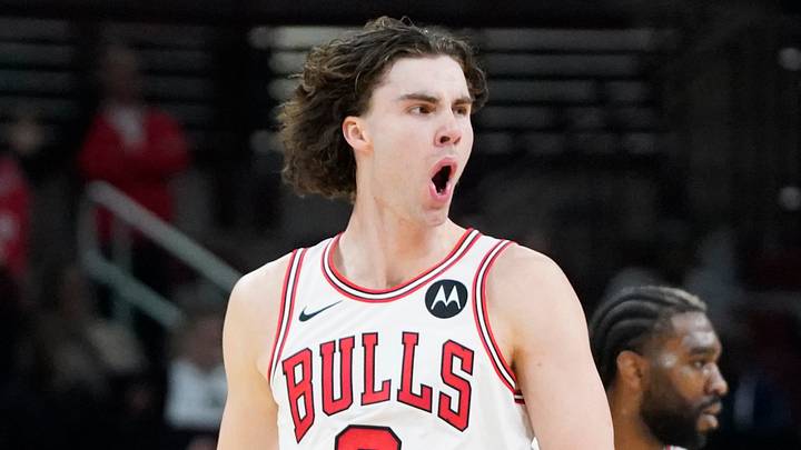 Oct 30, 2024; Chicago, Illinois, USA; Chicago Bulls guard Josh Giddey (3) reacts after making a three point basket against the Orlando Magic during the second half at United Center. Mandatory Credit: David Banks-Imagn Images Oct 30, 2024; Chicago, Illinois, USA; Chicago Bulls guard Josh Giddey (3) reacts after making a three point basket against the Orlando Magic during the second half at United Center. Mandatory Credit: David Banks-Imagn Images
