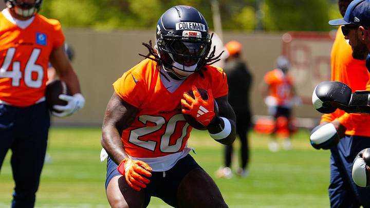 Jun 16, 2026; Englewood, CO, USA; Denver Broncos running back Jonah Coleman (20) during mini camp at Broncos Park. 