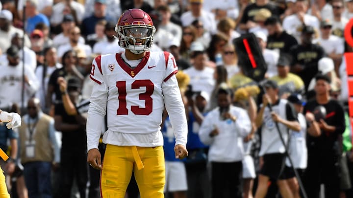 Sep 30, 2023; Boulder, Colorado, USA; USC Trojans quarterback Caleb Williams (13) looks to the