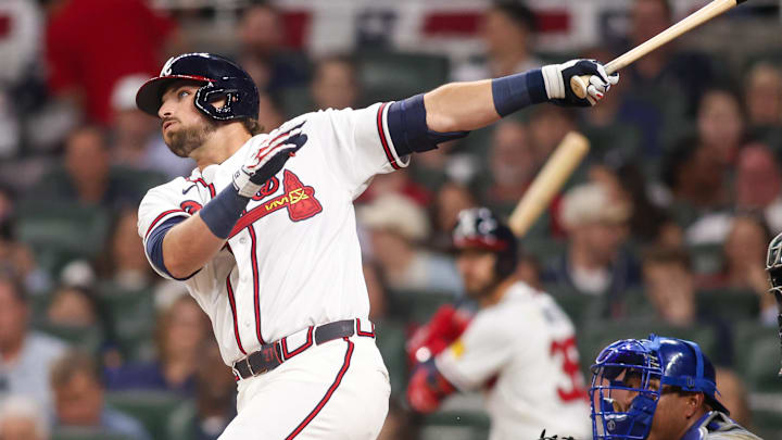 The Braves' third baseman saw the ball well at the plate The Braves' third baseman saw the ball well at the plate