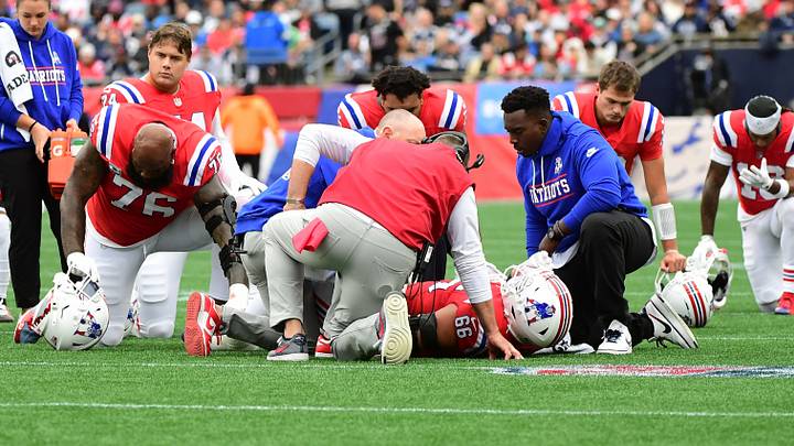 Oct 11, 2026; Foxborough, Massachusetts, USA; New England Patriots offensive tackle Will Campbell (66) lies on the field with an apparent injury against the Las Vegas Raiders during the second quarter at Gillette Stadium. Mandatory Credit: Bob DeChiara-Imagn Images Oct 11, 2026; Foxborough, Massachusetts, USA; New England Patriots offensive tackle Will Campbell (66) lies on the field with an apparent injury against the Las Vegas Raiders during the second quarter at Gillette Stadium. Mandatory Credit: Bob DeChiara-Imagn Images