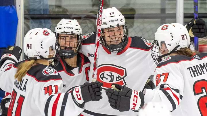 The St. Cloud  State women's hockey team celebrates while opening the 2026-27 season with a sweep of then-No. 7 Connecticut 