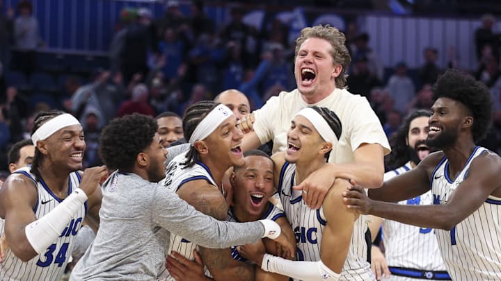 Nov 10, 2025; Orlando, Florida, USA; Orlando Magic guard Desmond Bane (3) celebrates with forward Paolo Banchero (5) after making a game wing basket against the Portland Trail Blazers in the fourth quarter at Kia Center. Mandatory Credit: Nathan Ray Seebeck-Imagn Images