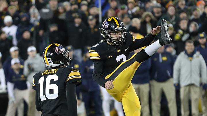 Nov 12, 2016; Iowa City, IA, USA; Iowa Hawkeyes place kicker Keith Duncan (3) gives the Hawkeyes the win over Michigan Wolverines at Kinnick Stadium. Iowa beat Michigan 14 to 13. Mandatory Credit: Reese Strickland-USA TODAY Sports Nov 12, 2016; Iowa City, IA, USA; Iowa Hawkeyes place kicker Keith Duncan (3) gives the Hawkeyes the win over Michigan Wolverines at Kinnick Stadium. Iowa beat Michigan 14 to 13. Mandatory Credit: Reese Strickland-USA TODAY Sports