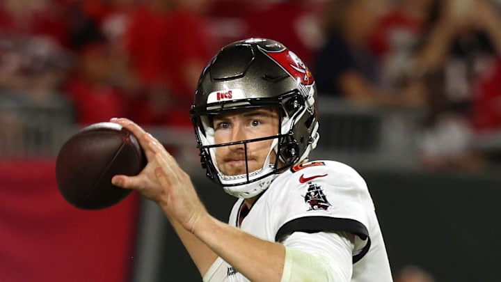 Aug 23, 2024; Tampa, Florida, USA; Tampa Bay Buccaneers quarterback Kyle Trask (2) throws the ball against the Miami Dolphins during the second quarter at Raymond James Stadium. Mandatory Credit: Kim Klement Neitzel-Imagn Images Aug 23, 2024; Tampa, Florida, USA; Tampa Bay Buccaneers quarterback Kyle Trask (2) throws the ball against the Miami Dolphins during the second quarter at Raymond James Stadium. Mandatory Credit: Kim Klement Neitzel-Imagn Images