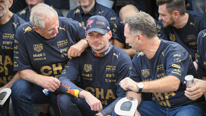 Oct 23, 2022; Austin, Texas, USA; (from left) Red Bull team advisor Helmut Marko and Red Bull Racing Limited driver Max Verstappen of Team Netherlands and Team Principal Christian Horner celebrate winning the U.S. Grand Prix F1 race at Circuit of the Americas. Mandatory Credit: Jerome Miron-Imagn Images