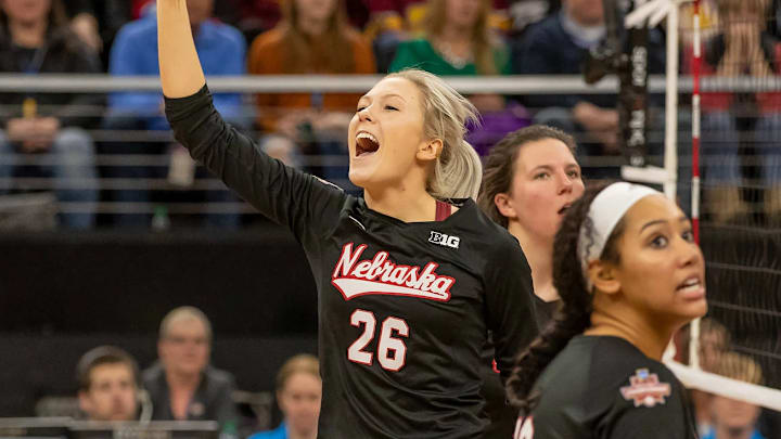 Nebraska middle blocker Lauren Stivrins celebrates. Nebraska middle blocker Lauren Stivrins celebrates.