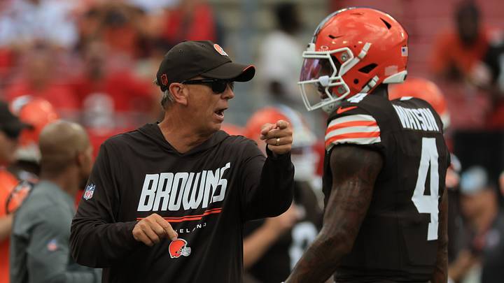 Cleveland Browns head coach Todd Monken, left, with quarterback Deshaun Watson