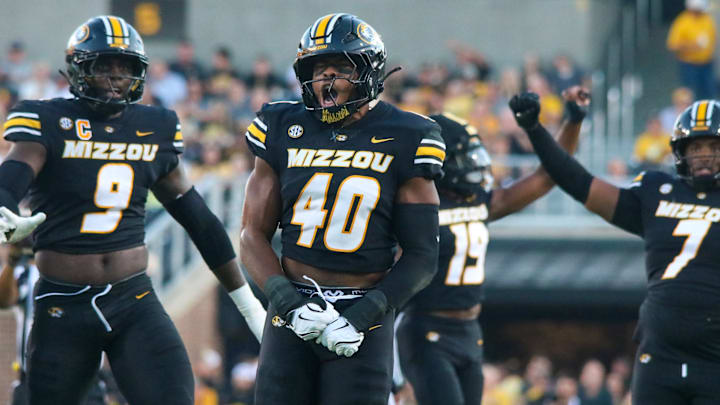 Aug 28, 2025; Columbia, MO, USA; Missouri Tigers linebacker Josiah Trotter (40) celebrates a tackle against Central Arkansas. In his first game at Mizzou, Trotter completes eight tackles on the night, including one tackle resulting in a loss of two yards.