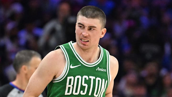 Apr 26, 2026; Philadelphia, Pennsylvania, USA; Boston Celtics guard Payton Pritchard (11) reacts after making a three point basket against the Philadelphia 76ers during the second half at Xfinity Mobile Arena. Mandatory Credit: Eric Hartline-Imagn Images