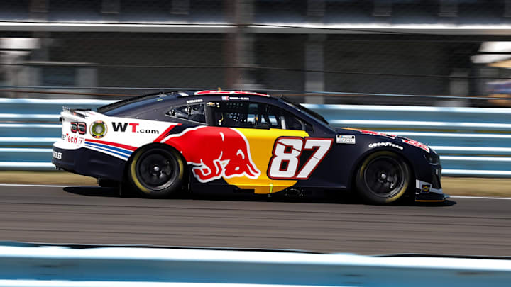 Aug 9, 2025; Watkins Glen, New York, USA; NASCAR Cup Series driver Connor Zilisch (87) during practice and qualifying for the Go Bowling at The Glen at Watkins Glen International. Mandatory Credit: Matthew O'Haren-Imagn Images