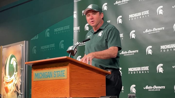 Michigan State head coach Jonathan Smith addresses the media after his team's 41-24 win over Youngstown State on Sept. 13, 2025.