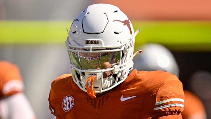 Oct 11, 2025; Dallas, Texas, USA; Texas Longhorns linebacker Anthony Hill Jr. (0) looks on during the game between the Texas Longhorns and the Oklahoma Sooners at the Cotton Bowl. Mandatory Credit: Jerome Miron-Imagn Images