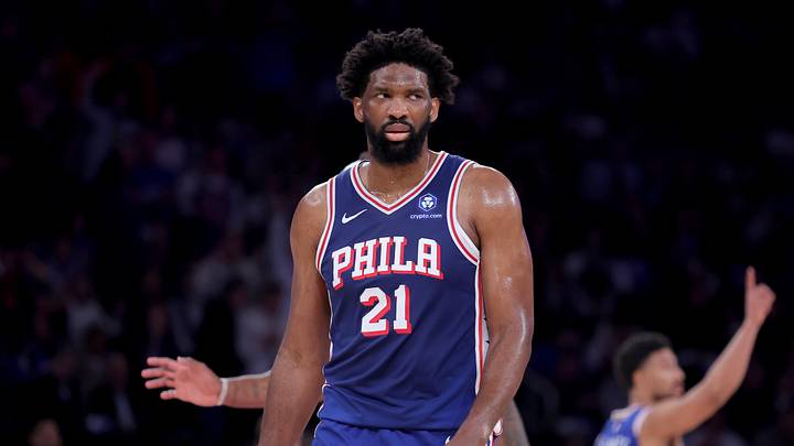 May 4, 2026; New York, New York, USA; Philadelphia 76ers center Joel Embiid (21) reacts during the first quarter of game one of the eastern conference semifinal round of the 2026 NBA Playoffs against the New York Knicks at Madison Square Garden. Mandatory Credit: Brad Penner-Imagn Images
