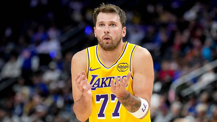 DETROIT, MICHIGAN - MARCH 23: Luka Doncic #77 of the Los Angeles Lakers reacts against the Detroit Pistons at Little Caesars Arena on March 23, 2026 in Detroit, Michigan. (Photo by Nic Antaya/Getty Images)
