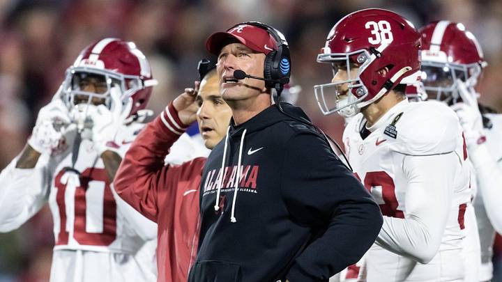 Alabama Crimson Tide head coach Kalen Deboer against the Oklahoma Sooners during the CFP National Playoff First Round at Gaylord Family Oklahoma Memorial Stadium. 