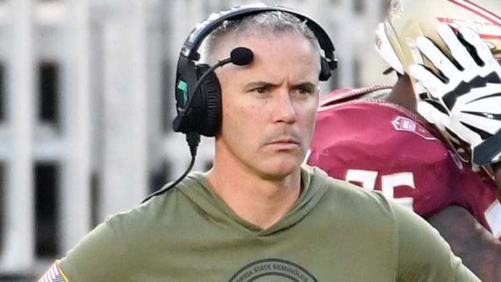 Nov 2, 2024; Tallahassee, Florida, USA; Florida State Seminoles head coach Mike Norvell looks on from the sideline after the North Carolina Tarheels score a final touchdown in the fourth quarter at Doak S. Campbell Stadium. Mandatory Credit: Robert Myers-Imagn Images Nov 2, 2024; Tallahassee, Florida, USA; Florida State Seminoles head coach Mike Norvell looks on from the sideline after the North Carolina Tarheels score a final touchdown in the fourth quarter at Doak S. Campbell Stadium. Mandatory Credit: Robert Myers-Imagn Images