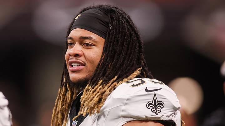 Jan 4, 2026; Atlanta, Georgia, USA; New Orleans Saints defensive end Chase Young (99) on the sideline against the Atlanta Falcons in the fourth quarter at Mercedes-Benz Stadium. Mandatory Credit: Brett Davis-Imagn Images
