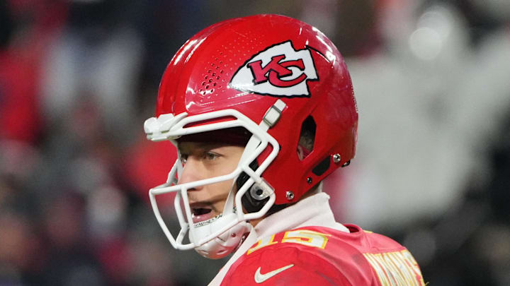 Dec 7, 2025; Kansas City, Missouri, USA; Kansas City Chiefs quarterback Patrick Mahomes (15) looks to the sideline during the fourth quarter against the Houston Texans at GEHA Field at Arrowhead Stadium. Mandatory Credit: Denny Medley-Imagn Images