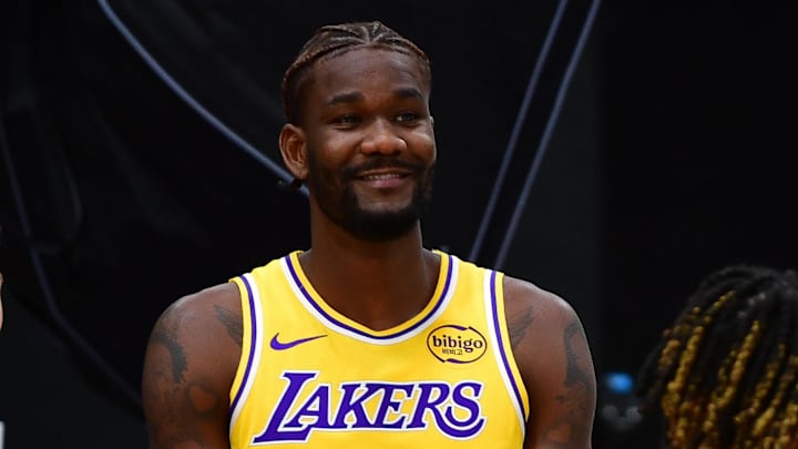 Sep 29, 2025; Los Angeles, CA, USA; Los Angeles Lakers guard Augustus Marciulionis (31), center Deandre Ayton (5) and guard R.J. Davis (55) during media day at UCLA Health Training Center. Mandatory Credit: Gary A. Vasquez-Imagn Images