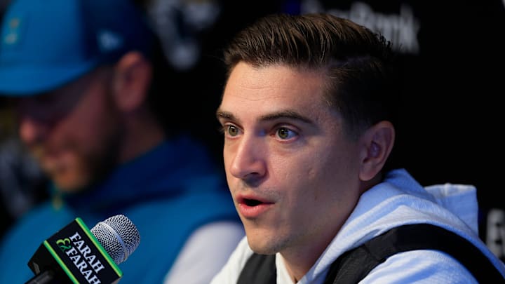 Jacksonville Jaguars general manager James Gladstone speaks during a press conference next to head coach Liam Coen at the Miller Electric Center, Wednesday, Jan. 14, 2026, in Jacksonville, Fla. Jacksonville Jaguars general manager James Gladstone speaks during a press conference next to head coach Liam Coen at the Miller Electric Center, Wednesday, Jan. 14, 2026, in Jacksonville, Fla.