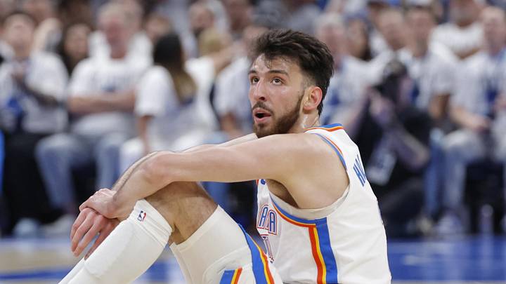 May 26, 2026; Oklahoma City, Oklahoma, USA; Oklahoma City Thunder center Chet Holmgren (7) reacts after a play during the third quarter against the San Antonio Spurs in game five of the western conference finals for the 2026 NBA playoffs at Paycom Center. Mandatory Credit: Alonzo Adams-Imagn Images May 26, 2026; Oklahoma City, Oklahoma, USA; Oklahoma City Thunder center Chet Holmgren (7) reacts after a play during the third quarter against the San Antonio Spurs in game five of the western conference finals for the 2026 NBA playoffs at Paycom Center. Mandatory Credit: Alonzo Adams-Imagn Images