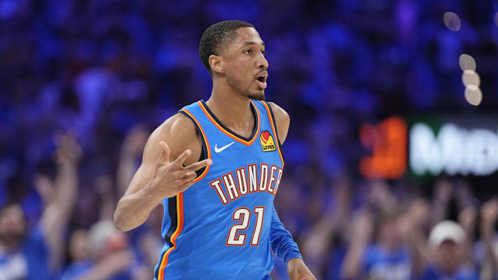Jun 8, 2025; Oklahoma City, Oklahoma, USA; Oklahoma City Thunder guard Aaron Wiggins (21) reacts after a play against the Indiana Pacers during the first half during game two of the 2025 NBA Finals at Paycom Center. Mandatory Credit: Kyle Terada-Imagn Images
