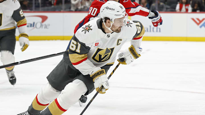 Feb 27, 2026; Washington, District of Columbia, USA; Vegas Golden Knights right wing Mark Stone (61) skates with the puck as Washington Capitals left wing Pierre-Luc Dubois (80) /chases during the first period at Capital One Arena. Mandatory Credit: Geoff Burke-Imagn Images Feb 27, 2026; Washington, District of Columbia, USA; Vegas Golden Knights right wing Mark Stone (61) skates with the puck as Washington Capitals left wing Pierre-Luc Dubois (80) /chases during the first period at Capital One Arena. Mandatory Credit: Geoff Burke-Imagn Images