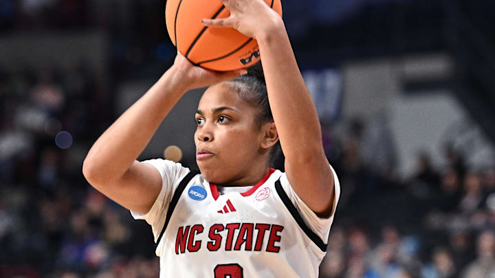 Mar 28, 2025; Spokane, WA, USA; NC State Wolfpack guard Zamareya Jones (3) shoots during the first half of a Sweet 16 NCAA Tournament basketball game against the LSU Lady Tigers at Spokane Arena. Mandatory Credit: James Snook-Imagn Images