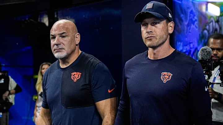 Chicago Bears head coach Ben Johnson walks out of the tunnel to watch warm up at Ford Field in Detroit on Sunday, Sept. 14, 2025.