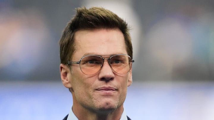 Dec 14, 2025; Inglewood, California, USA; Fox broadcaster Tom Brady is seen prior to the game between the Detroit Lions and the Los Angeles Rams at SoFi Stadium. Mandatory Credit: Kirby Lee-Imagn Images