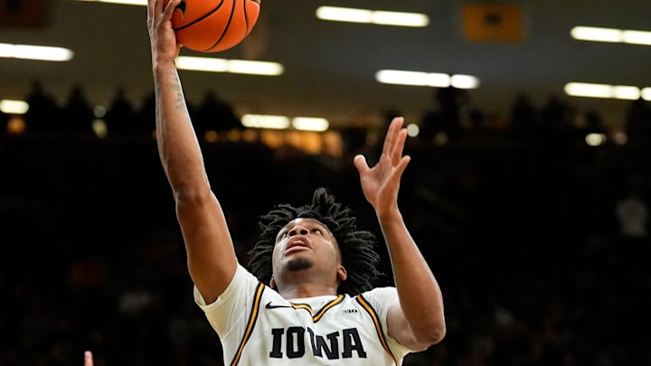 Iowa’s Tavion Banks (6) drives to the basket against the USC Trojans Jan. 28, 2026 at Carver-Hawkeye Arena in Iowa City, Iowa.