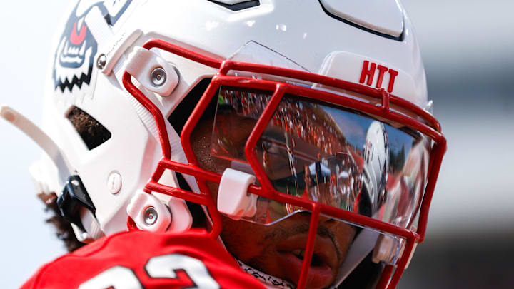 Sep 6, 2025; Raleigh, North Carolina, USA; North Carolina State Wolfpack linebacker Kenny Soares Jr. (33) looks on during warmups of the game against Virginia Cavaliers at Carter-Finley Stadium. Mandatory Credit: Jaylynn Nash-Imagn Images