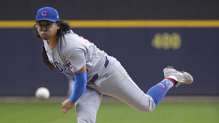 May 4, 2025; Milwaukee, Wisconsin, USA; Chicago Cubs pitcher Shota Imanaga (18) delivers a pitch against the Milwaukee Brewers in the first inning at American Family Field. 