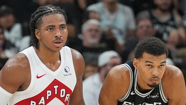 Toronto Raptors forward Collin Murray-Boyles and San Antonio Spurs forward/center Victor Wembanyama. Toronto Raptors forward Collin Murray-Boyles and San Antonio Spurs forward/center Victor Wembanyama.