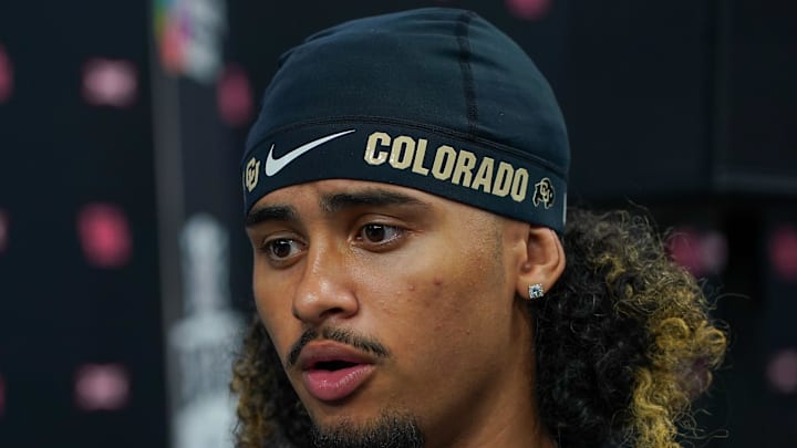 Jul 9, 2025; Frisco, TX, USA; Colorado quarterback Julian Lewis speaks with the media during 2025 Big 12 Football Media Days at The Star. 