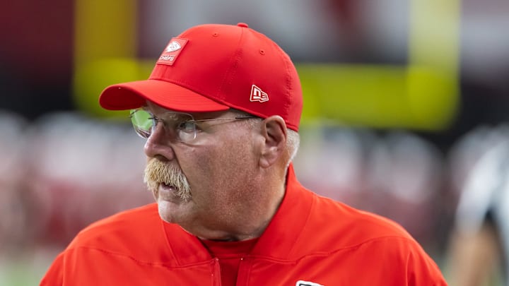 Aug 9, 2025; Glendale, Arizona, USA; Kansas City Chiefs head coach Andy Reid against the Arizona Cardinals during a preseason NFL game at State Farm Stadium. Mandatory Credit: Mark J. Rebilas-Imagn Images