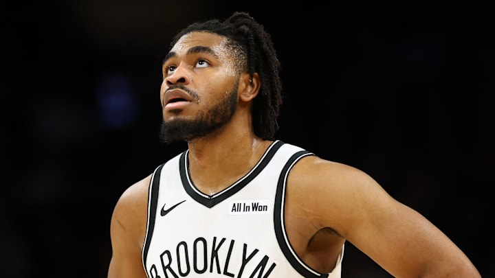 Jan 27, 2026; Phoenix, Arizona, USA; Brooklyn Nets guard Cam Thomas (24) against the Phoenix Suns at Mortgage Matchup Center. Mandatory Credit: Mark J. Rebilas-Imagn Images