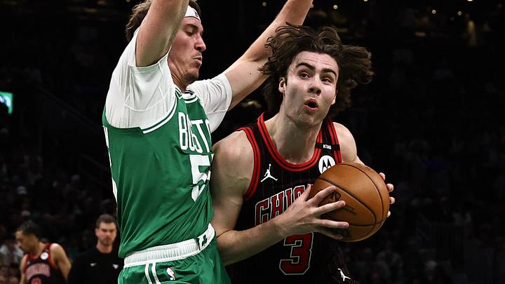 Oct 26, 2026; Boston, Massachusetts, USA; Chicago Bulls guard Josh Giddey (3) drives on Boston Celtics guard Baylor Scheierman (55) during the second quarter at TD Garden. Mandatory Credit: Winslow Townson-Imagn Images