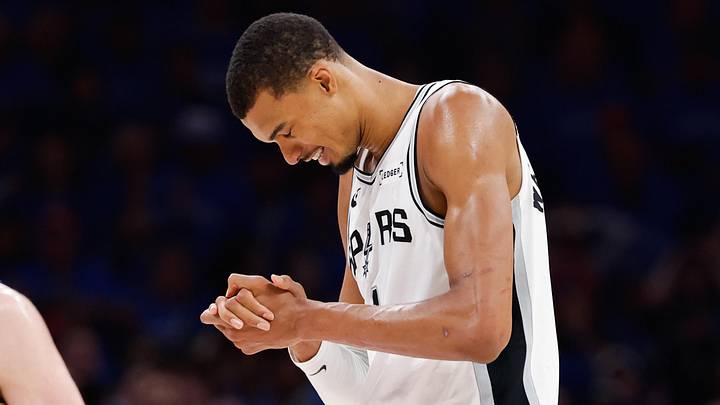 May 20, 2026; Oklahoma City, Oklahoma, USA; San Antonio Spurs forward Victor Wembanyama (1) reacts to a play during the fourth quarter against the Oklahoma City Thunder during game two of the western conference finals for the 2026 NBA playoffs at Paycom Center. Mandatory Credit: Alonzo Adams-Imagn Images