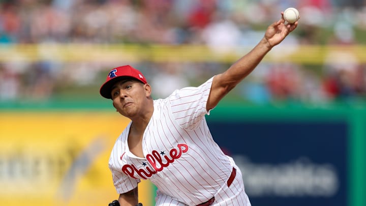 Mar 4, 2025; Clearwater, Florida, USA; Philadelphia Phillies pitcher Ranger Suarez (55) throws a pitch against the New York Yankees in the fifth inning during spring training at BayCare Ballpark. 