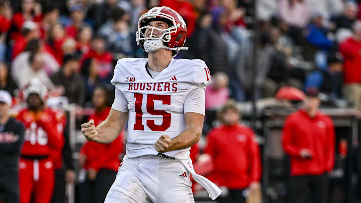 Indiana quarterback Fernando Mendoza celebrates a touchdown pass Nov. 1, 2025, against Maryland at SECU Stadium. Indiana quarterback Fernando Mendoza celebrates a touchdown pass Nov. 1, 2025, against Maryland at SECU Stadium.