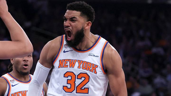 Jun 10, 2026; New York, New York, USA; New York Knicks center Karl-Anthony Towns (32) reacts in the second quarter against the San Antonio Spurs during game four of the 2026 NBA Finals at Madison Square Garden. Mandatory Credit: Brad Penner-Imagn Images