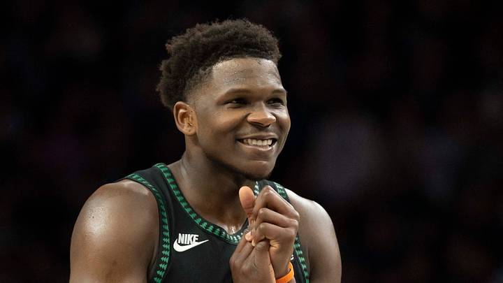 Feb 6, 2026; Minneapolis, Minnesota, USA; Minnesota Timberwolves guard Anthony Edwards (5) smiles against the New Orleans Pelicans in the second half at Target Center. Mandatory Credit: Jesse Johnson-Imagn Images